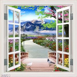 Tranh trang trí phòng ngủ cửa sổ nhìn ra vườn hoa và núi in uv