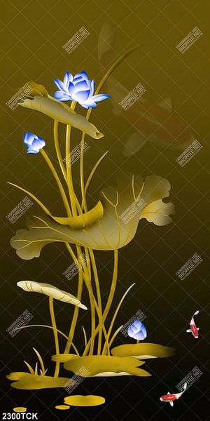 Tranh những bông hoa sen màu xanh dương và cá chép