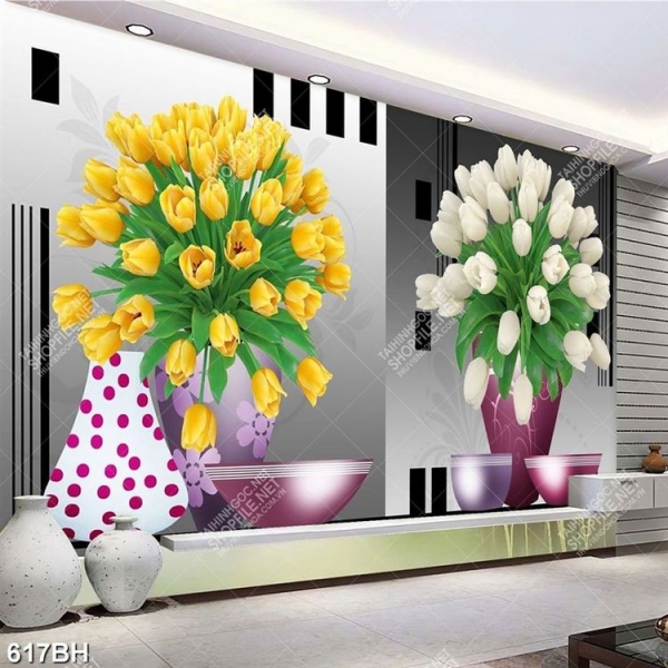 Tranh bình hoa décor 2 tấm những bông hoa tulip xinh đẹp