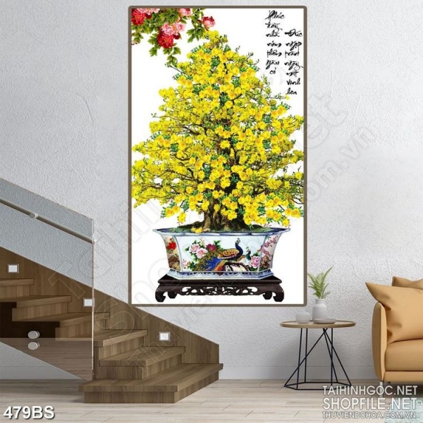 Tranh chậu bonsai in uv mai vàng bên hoa mẫu đơn treo tường