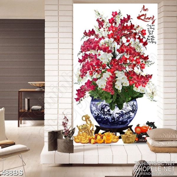 Tranh chậu bonsai in canvas hoa phong lan khoe sắc dán tường