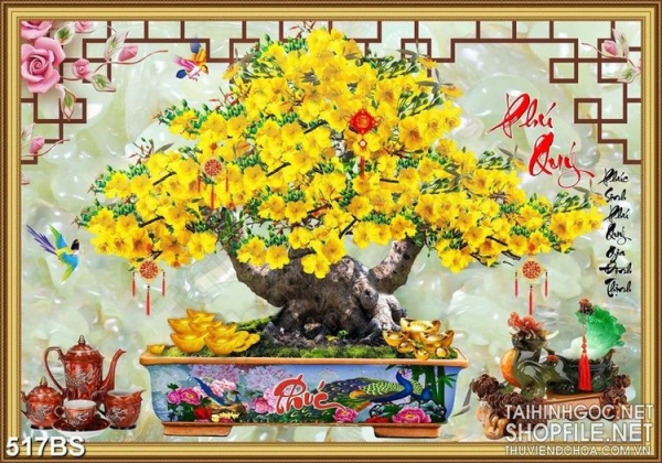 Tranh chậu bonsai mai vàng phú quý và kì lân giả ngọc nghệ thuật