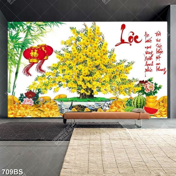 Tranh chậu bonsai in canvas cây mai vàng bên bánh chưng