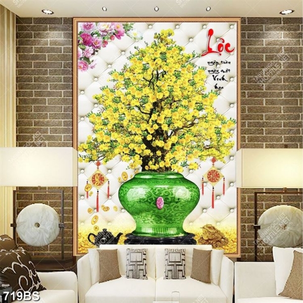 Tranh chậu bonsai cây mai vàng bên cành mẫu đơn in canvas
