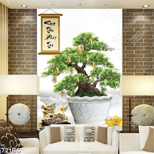 Tranh chậu bonsai cây me sai quả bên tượng lân treo tường