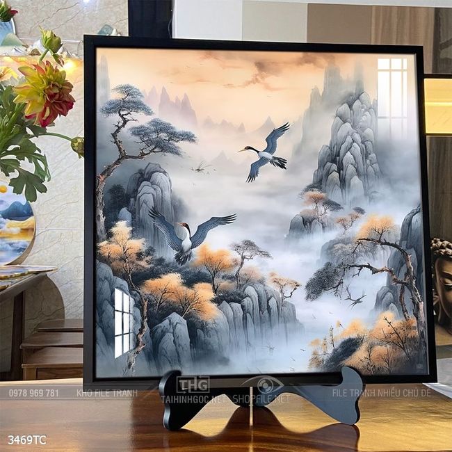 Tranh treo tường hoa mẫu đơn và đôi chim công khổ dọc