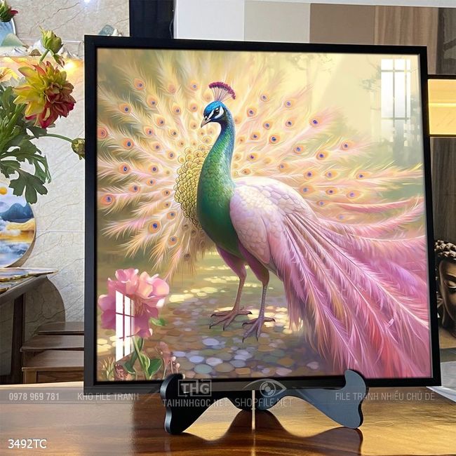 Tranh chim công hoa mẫu đơn decor trang trí tường nhà