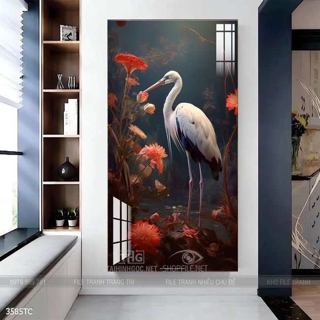 Tranh treo tường hoa mẫu đơn và đôi chim công khổ dọc