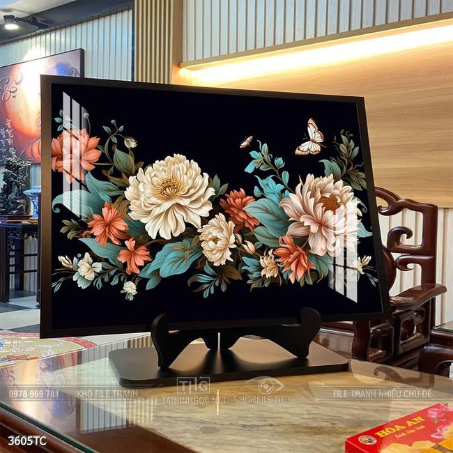 Tranh treo tường hoa mẫu đơn và đôi chim công khổ dọc