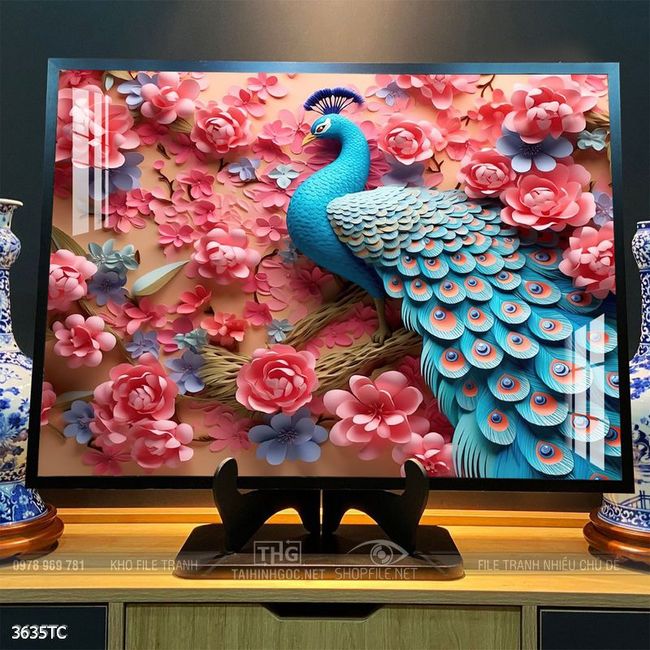 Tranh treo tường hoa mẫu đơn và đôi chim công khổ dọc