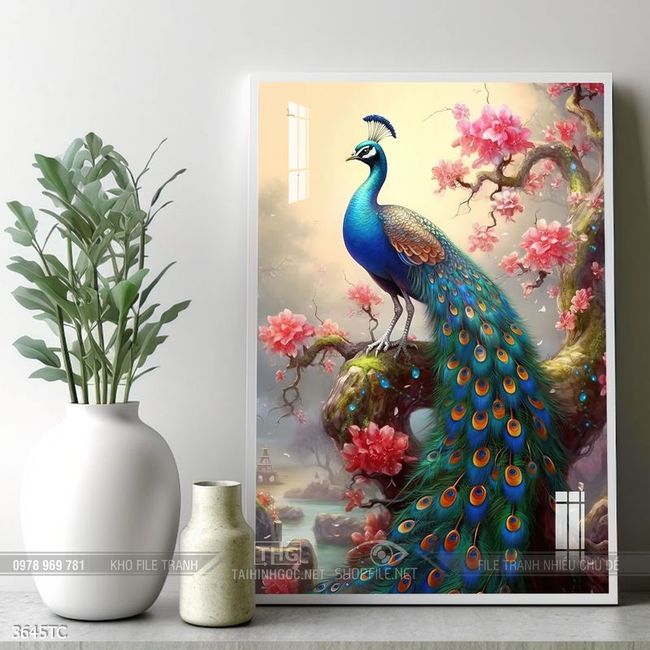 Tranh treo tường hoa mẫu đơn và đôi chim công khổ dọc