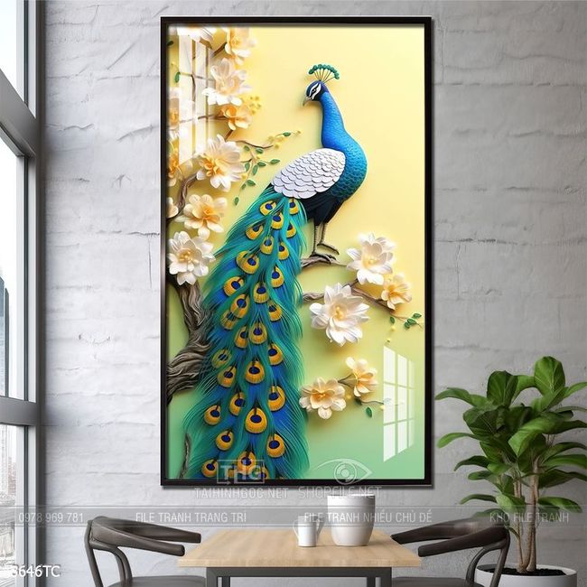 Tranh treo tường phong thủy chim công và hoa mẫu đơn