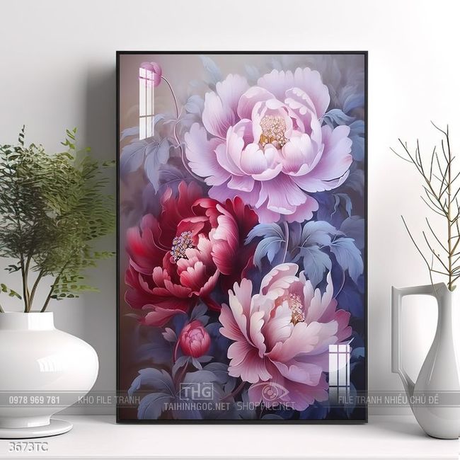 Tranh phòng khách chim công và hoa mẫu đơn treo tường
