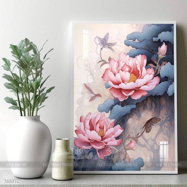 Tranh chim công và hoa mẫu đơn phong thủy
