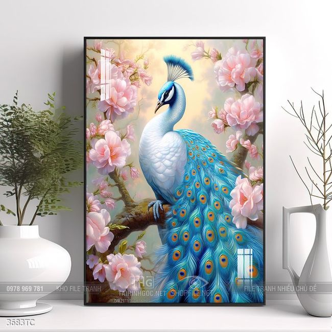 Tranh phòng khách chim công và hoa mẫu đơn treo tường