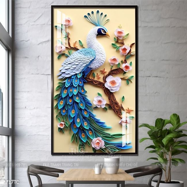 Tranh đôi chim công và hoa mẫu đơn treo tường phòng khách