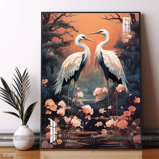 Tranh treo tường hoa mẫu đơn và đôi chim công khổ dọc