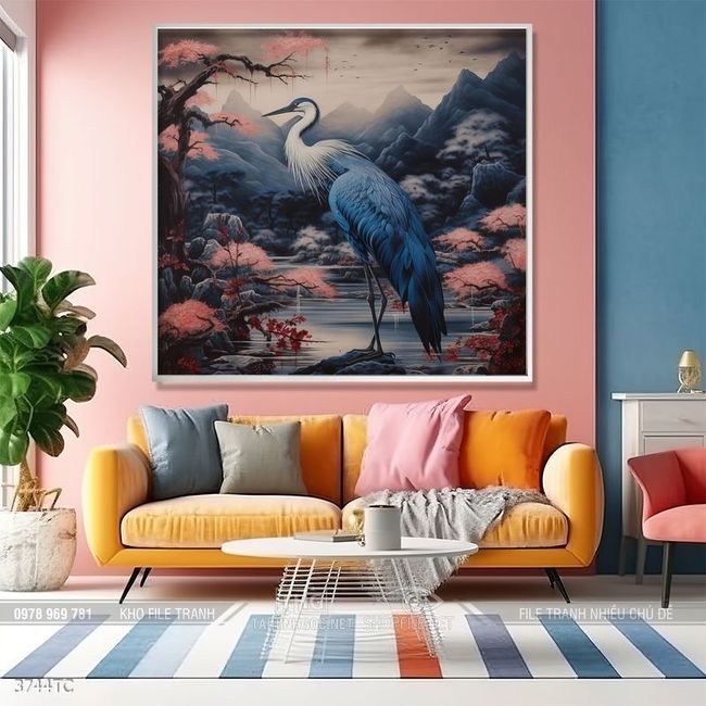 Tranh chim công hoa mẫu đơn decor trang trí tường nhà