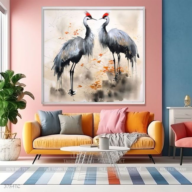 Tranh chim công hoa mẫu đơn decor trang trí tường nhà