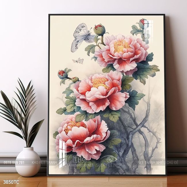 Tranh hoa mẫu đơn và chim công