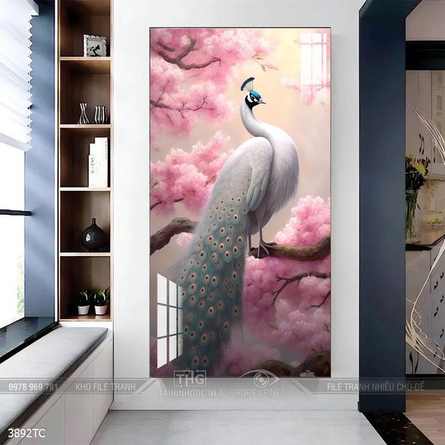 Tranh chim công và hoa mẫu đơn phong thủy
