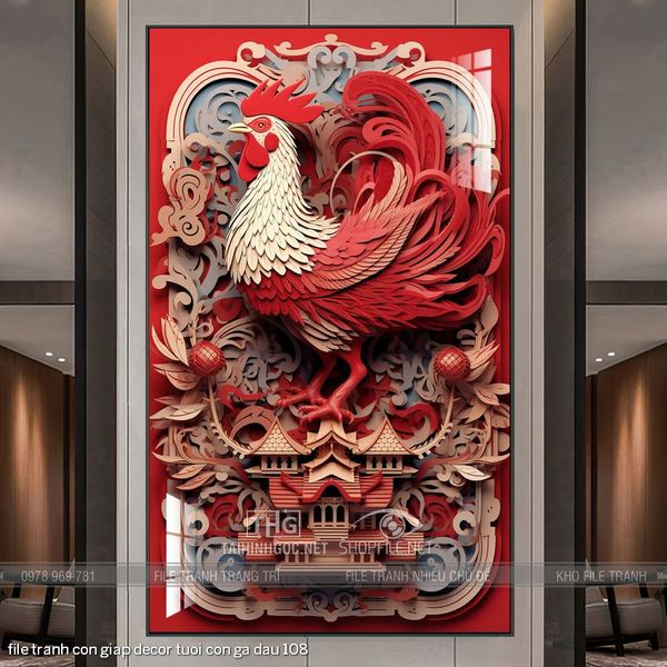 file tranh con giap decor tuoi con ga dau 108