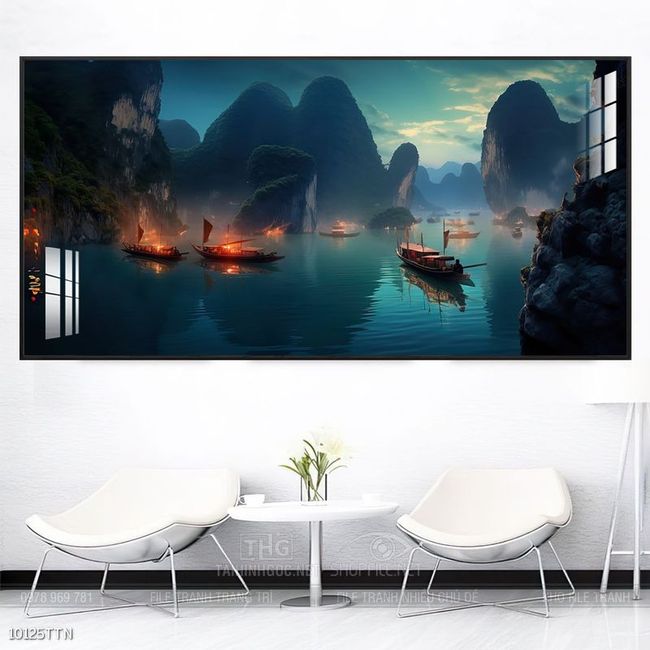 Tranh phon thủy sông, núi và mặt trời