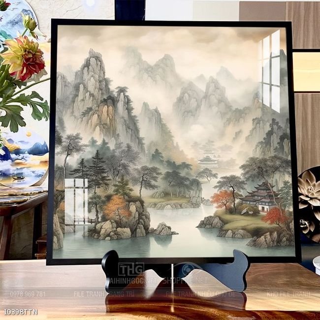 Tranh phon thủy sông, núi và mặt trời