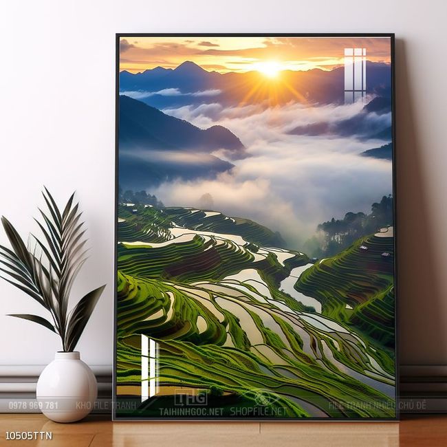 Tranh phon thủy sông, núi và mặt trời