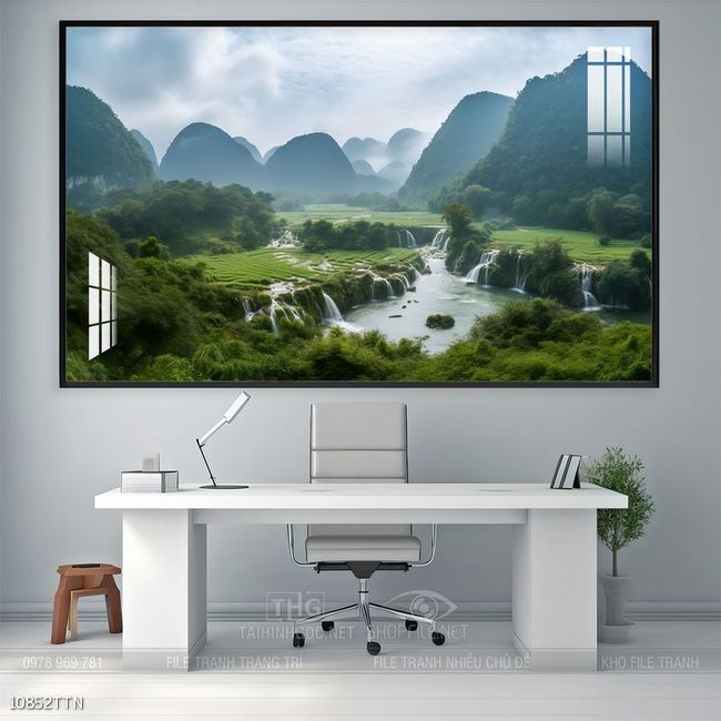 Tranh phon thủy sông, núi và mặt trời