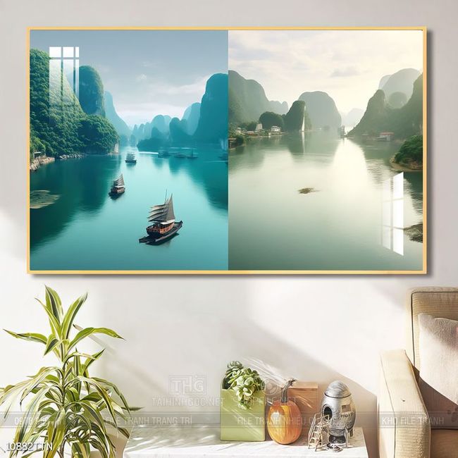 Tranh phon thủy sông, núi và mặt trời