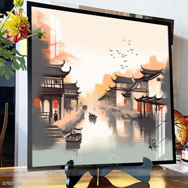 Tranh phon thủy sông, núi và mặt trời