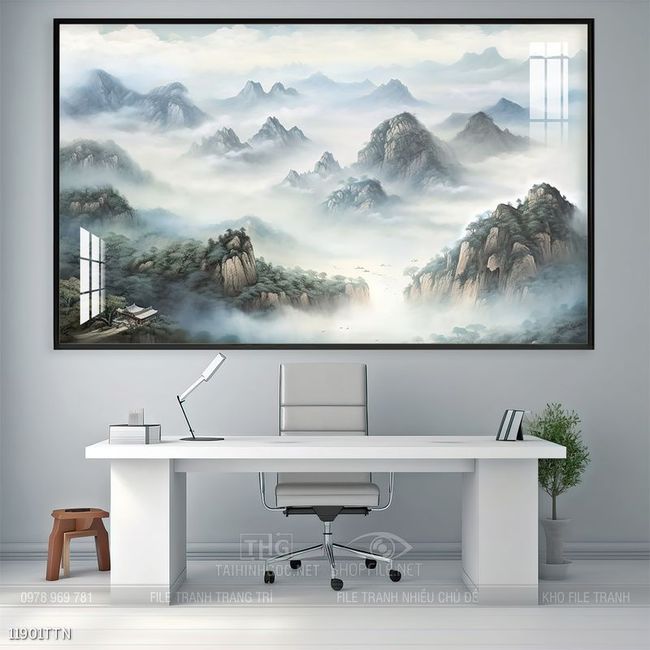 Tranh phon thủy sông, núi và mặt trời