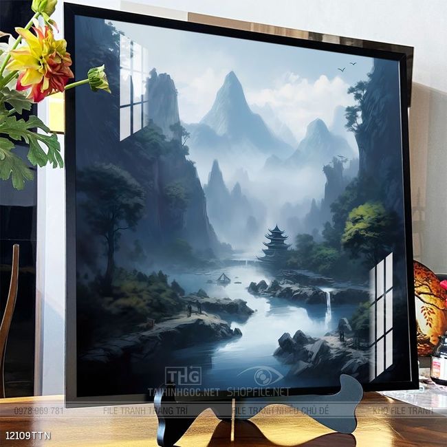 Tranh phon thủy sông, núi và mặt trời