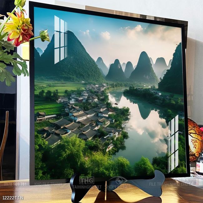 Tranh phon thủy sông, núi và mặt trời