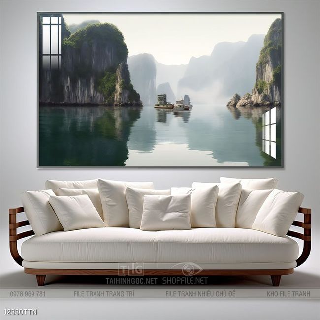 Tranh phon thủy sông, núi và mặt trời