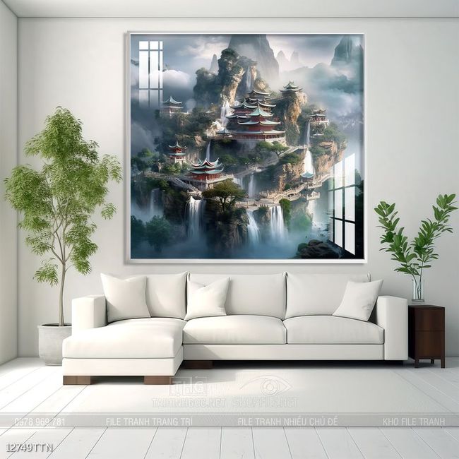 Tranh phon thủy sông, núi và mặt trời