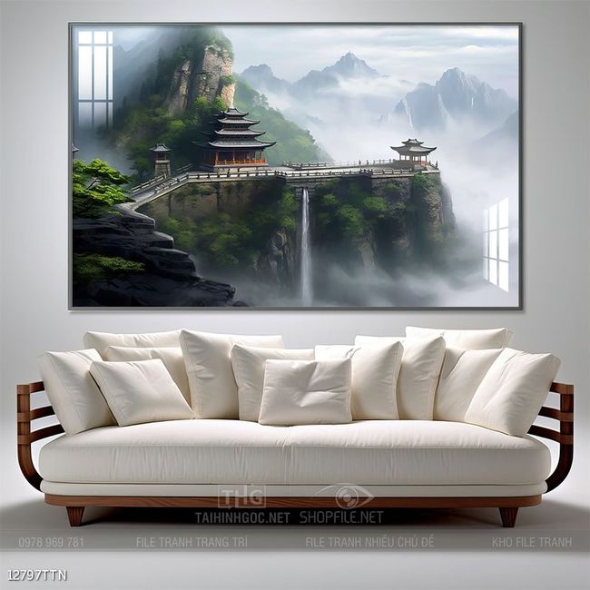 Tranh phon thủy sông, núi và mặt trời