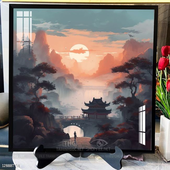 Tranh phon thủy sông, núi và mặt trời