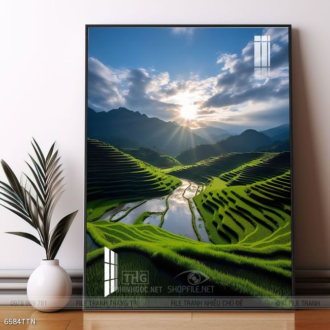 Tranh phon thủy sông, núi và mặt trời
