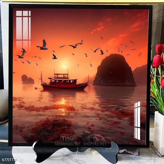Tranh phon thủy sông, núi và mặt trời