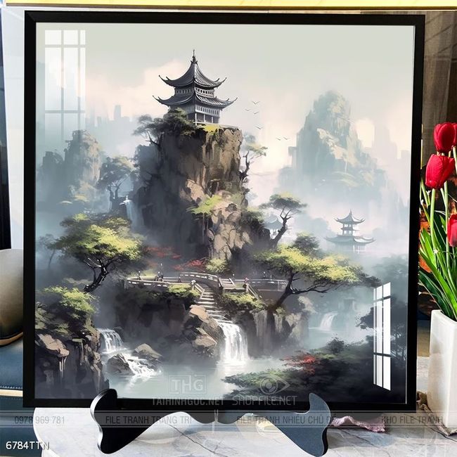 Tranh phon thủy sông, núi và mặt trời