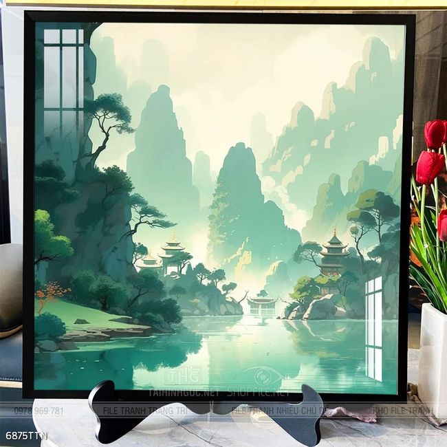 Tranh phon thủy sông, núi và mặt trời