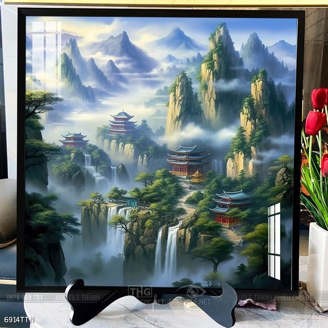 Tranh phon thủy sông, núi và mặt trời