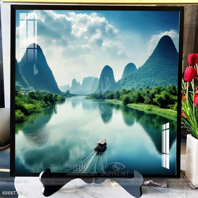Tranh phon thủy sông, núi và mặt trời