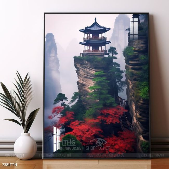 Tranh phon thủy sông, núi và mặt trời