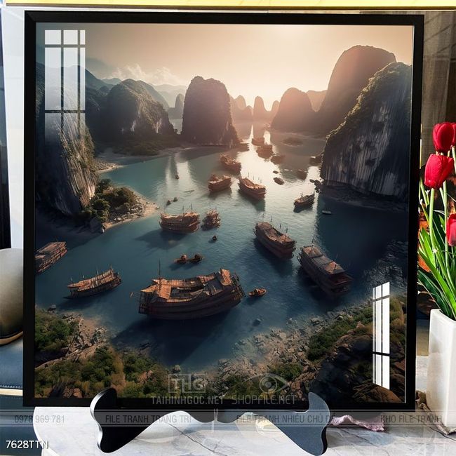 Tranh phon thủy sông, núi và mặt trời