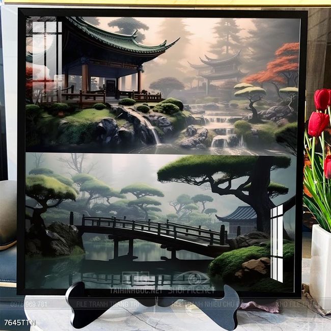 Tranh phon thủy sông, núi và mặt trời