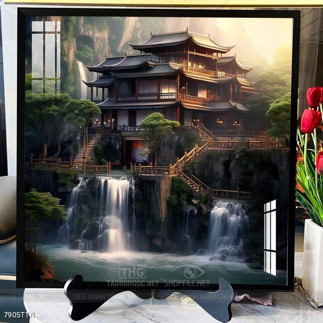 Tranh phon thủy sông, núi và mặt trời