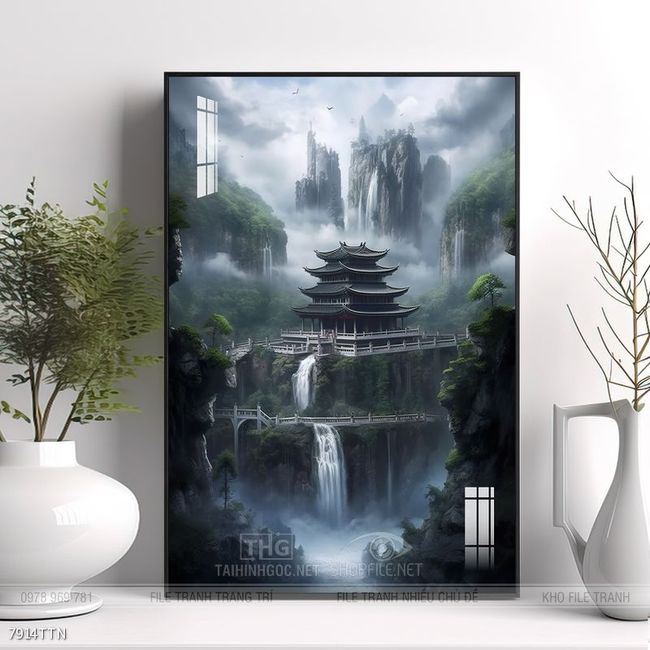 Tranh phon thủy sông, núi và mặt trời
